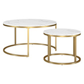 homeroots living room Set Of Two 35" Gold And White Faux Marble Round Nested Coffee Tables 