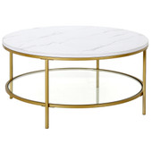 homeroots living room 36" Gold Faux Marble Round Coffee Table With Shelf 