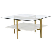 homeroots living room 32" Gold And White Glass Square Coffee Table With Shelf 
