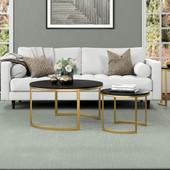 homeroots living room Set Of Two 36" Gold And Black Manufactured Wood Round Nested Coffee Tables 