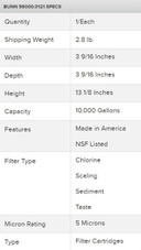 Bunn WEQ Single Water Filtration Cartridge Low to Medium Volume, 10,000 Gallons - Chicken Pieces