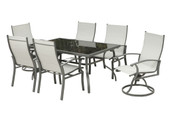 Seven Piece Black Rectangular Glass Dining Set With Six Chairs And Sideboard Included