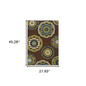 2' X 4' Brown and Green Floral Medallion Indoor Outdoor Area Rug