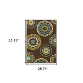 2' X 4' Brown And White Floral Medallion Stain Resistant Indoor Outdoor Area Rug