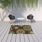 5' X 8' Brown Floral Medallion Stain Resistant Indoor Outdoor Area Rug