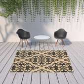 6' X 9' Sand Oriental Stain Resistant Indoor Outdoor Area Rug