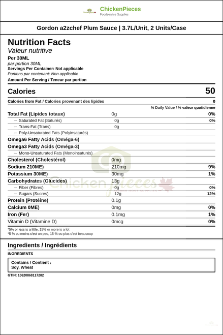 Gordon a2zchef Plum Sauce | 3.7L/Unit, 2 Units/Case — Nutrition and Ingredients Label — www.chickenpieces.com