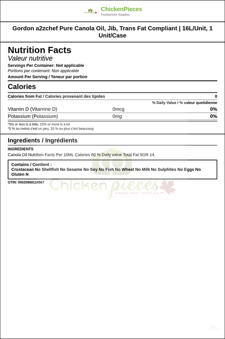 Gordon a2zchef Pure Canola Oil, Jib, Trans Fat Compliant | 16L/Unit, 1 Unit/Case — Nutrition and Ingredients Label — www.chickenpieces.com