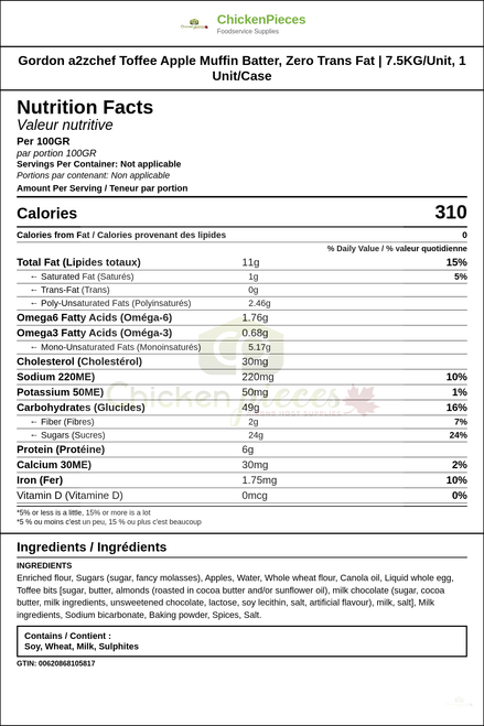 Gordon a2zchef Toffee Apple Muffin Batter, Zero Trans Fat | 7.5KG/Unit, 1 Unit/Case — Nutrition and Ingredients Label — www.chickenpieces.com