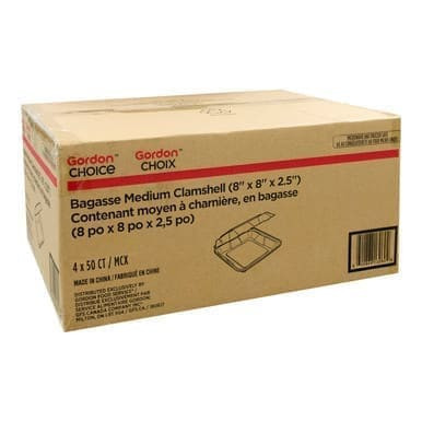 Gordon Choice GFS  41oz Hinged White Bagasse Containers, 8 X 8 X 2.5In, Ecology Friendly | 50UN/Unit, 4 Units/Case