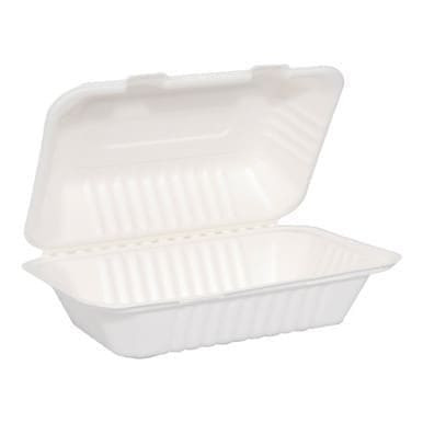 Gordon Choice GFS  35oz Hinged White Bagasse Containers, 1 Compartment, Microwave and Freezer Safe, 9X6X3In, Ecology Friendly | 50UN/Unit, 4 Units/Case