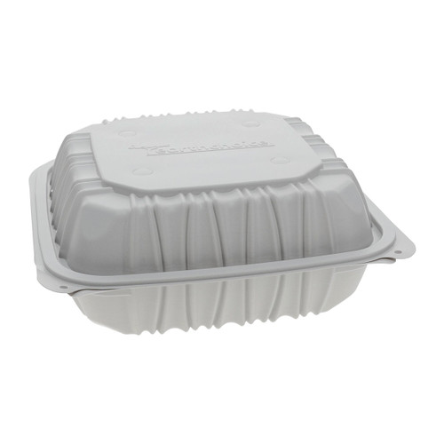 Earth Choice 35oz 1-Compartment Hinged White Plastic Containers, 8.5X8.8X3.1In | 146UN/Unit, 1 Unit/Case