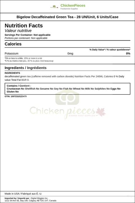 Bigelow Decaffeinated Green Tea - 28 UN/Unit, 6 Units/Case — Nutrition and Ingredients Label — www.chickenpieces.com