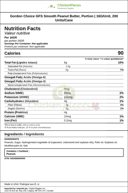 Gordon Choice GFS Smooth Peanut Butter, Portion | 16G/Unit, 200 Units/Case — Nutrition and Ingredients Label — www.chickenpieces.com