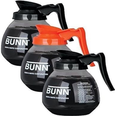 BUNN Regular and Decaf Glass Coffee Pot Decanter/Carafe, 12 Cup, 2 Black and 1 Orange, Set of 3