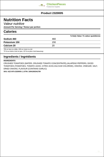 PACE Thick And Chunky Medium Salsa | 3.7L/Unit — Nutrition and Ingredients Label — www.chickenpieces.com