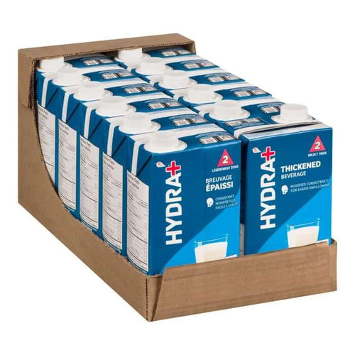Hydra+ Milk Level 2 Case 12x1L — Full case view of thickened milk cartons — bulk dysphagia supply Canada.