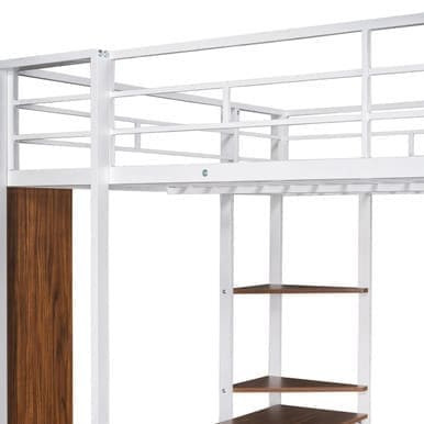 Full Size Metal Loft Bed with 2 Shelves and one Desk | Modern Space-Saving Design