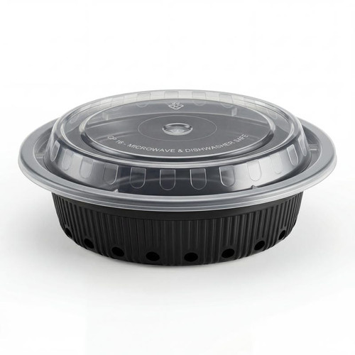 Chicken Pieces CP Black 6 1/4" Round Heavy Weight Microwaveable Container with Lid  16 oz - 150/Case (PALLET 60 CT)