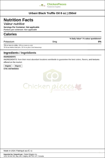 Urbani Black Truffle Oil 8 oz | 250ml — Nutrition and Ingredients Label — www.chickenpieces.com