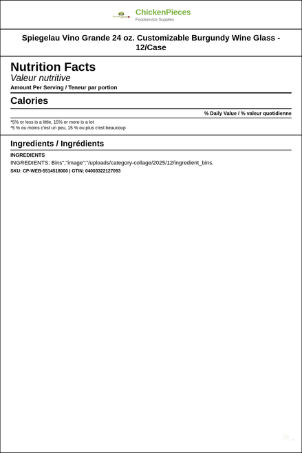 Spiegelau Vino Grande 12/Case 24 oz. Burgundy Wine Glass — Nutrition and Ingredients Label — www.chickenpieces.com