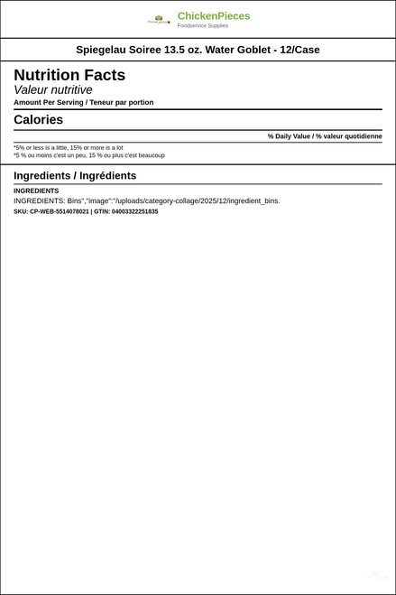 Spiegelau Soiree 12/Case 13.5 oz. Classic Water Goblet — Nutrition and Ingredients Label — www.chickenpieces.com