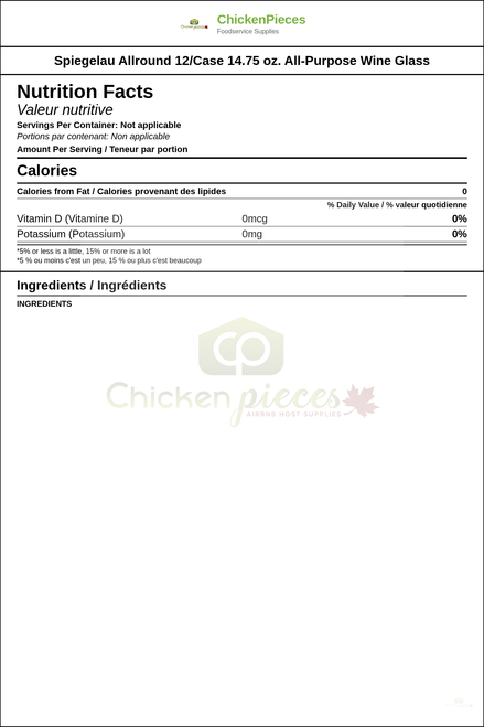 Spiegelau Allround 12/Case 14.75 oz. All-Purpose Wine Glass — Nutrition and Ingredients Label — www.chickenpieces.com