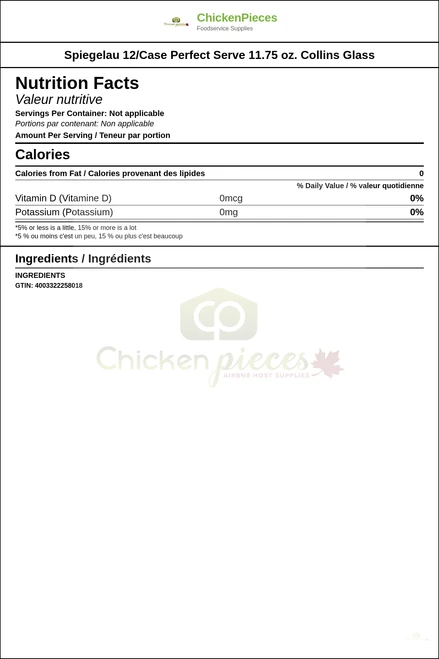 Spiegelau 12/Case Perfect Serve 11.75 oz. Collins Glass — Nutrition and Ingredients Label — www.chickenpieces.com