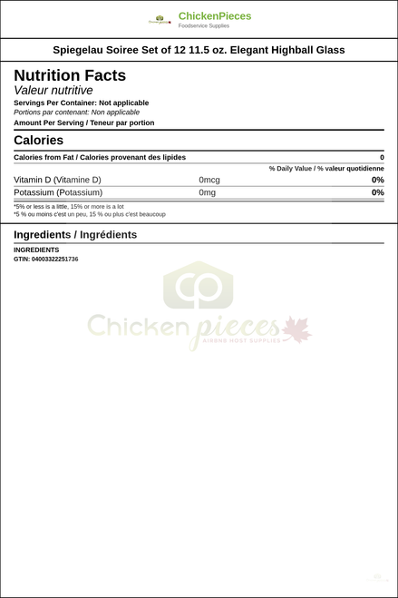 Spiegelau Soiree Set of 12 11.5 oz. Elegant Highball Glass — Nutrition and Ingredients Label — www.chickenpieces.com