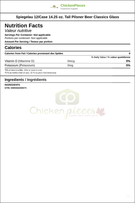 Spiegelau 12/Case 14.25 oz. Tall Pilsner Beer Classics Glass — Nutrition and Ingredients Label — www.chickenpieces.com