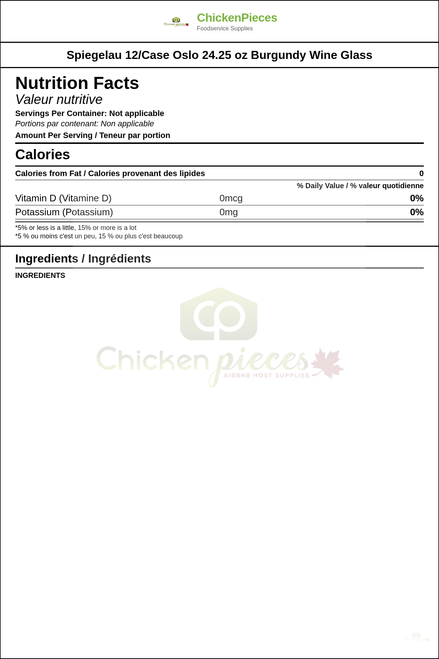 Spiegelau 12/Case Oslo 24.25 oz Burgundy Wine Glass — Nutrition and Ingredients Label — www.chickenpieces.com