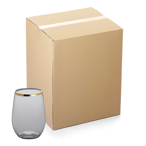 CP 12 oz. Heavy Weight Clear Plastic Stemless Wine Glass with Gold Rim - 64/Case | Sip Wine in Elegance with Gold-Rimmed Stemless Glasses