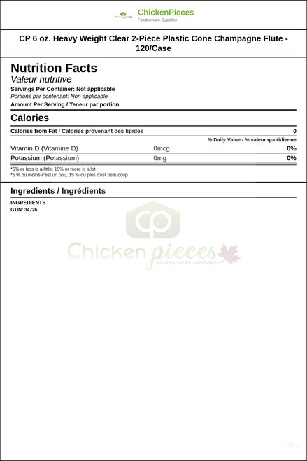 CP 6 oz. Heavy Weight Clear 2-Piece Plastic Cone Champagne Flute - 120/Case — Nutrition and Ingredients Label — www.chickenpieces.com