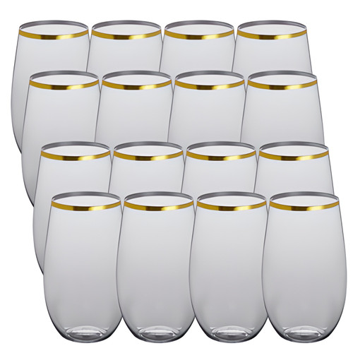 CP 16 oz. Heavy Weight Clear Plastic Stemless Wine Glass with Gold Rim - 16/Pack | Sip Wine in Elegance with Gold Rimmed Stemless Glasses