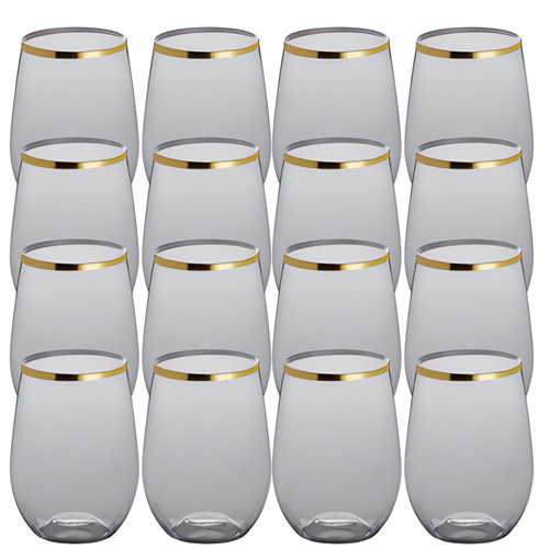 CP Hospo 12 oz. Heavy Weight Clear Plastic Stemless Wine Glass Gold Rim - 16/Pack 