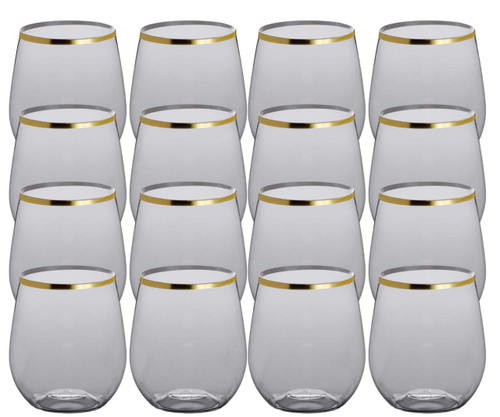 Chicken Pieces CP 12 oz. Heavy Weight Clear Plastic Stemless Wine Glass with Gold Rim - 16/Pack | Sip Wine with a Touch of Gold in Elegant Stemless Glasses 