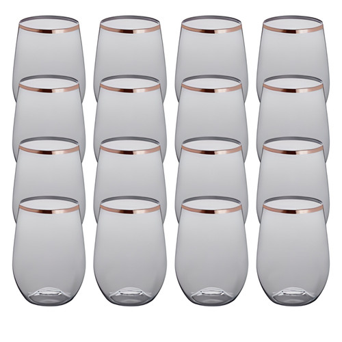 CP 12 oz. Heavy Weight Clear Plastic Stemless Wine Glass with Rose Gold Rim - 16/Pack
