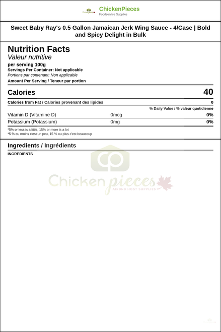 Sweet Baby Ray's 0.5 Gallon Jamaican Jerk Wing Sauce - 4/Case | Bold and Spicy Delight in Bulk — Nutrition and Ingredients Label — www.chickenpieces.com