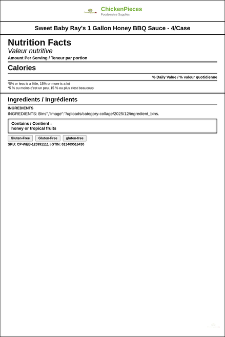Sweet Baby Ray's 1 Gallon Honey BBQ Sauce - 4/Case — Nutrition and Ingredients Label — www.chickenpieces.com