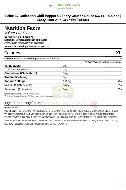 Heinz 57 Collection Chili Pepper Culinary Crunch Sauce 5.6 oz. - 6/Case | Zesty Heat with Crunchy Texture — Nutrition and Ingredients Label — www.chickenpieces.com