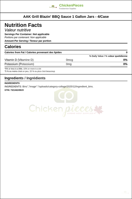 AAK Grill Blazin' BBQ Sauce 1 Gallon Jars - 4/Case — Nutrition and Ingredients Label — www.chickenpieces.com