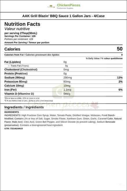 AAK Grill Blazin' BBQ Sauce 1 Gallon Jars - 4/Case — Nutrition and Ingredients Label — www.chickenpieces.com
