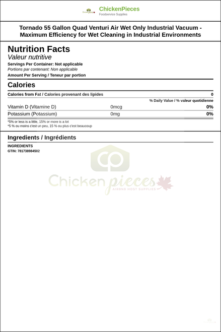 Tornado 55 Gallon Quad Venturi Air Wet Only Industrial Vacuum - Maximum Efficiency for Wet Cleaning in Industrial Environments — Nutrition and Ingredients Label — www.chickenpieces.com