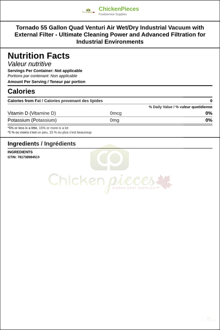 Tornado 55 Gallon Quad Venturi Air Wet/Dry Industrial Vacuum with External Filter - Ultimate Cleaning Power and Advanced Filtration for Industrial Environments — Nutrition and Ingredients Label — www.chickenpieces.com