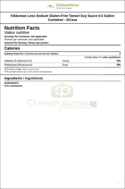 Kikkoman Less Sodium Gluten-Free Tamari Soy Sauce 0.5 Gallon Container - 6/Case  — Nutrition and Ingredients Label — www.chickenpieces.com