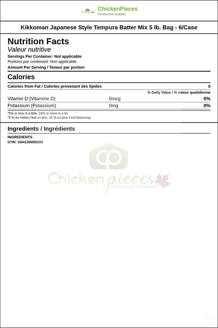 Kikkoman Japanese Style Tempura Batter Mix 5 lb. Bag - 6/Case  — Nutrition and Ingredients Label — www.chickenpieces.com