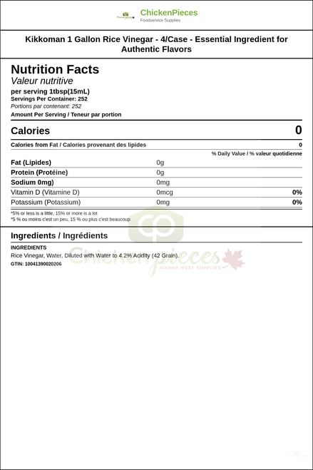 Kikkoman 1 Gallon Rice Vinegar - 4/Case - Essential Ingredient for Authentic Flavors — Nutrition and Ingredients Label — www.chickenpieces.com