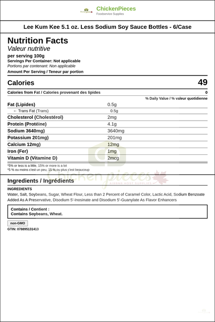 Lee Kum Kee 5.1 oz. Less Sodium Soy Sauce Bottles - 6/Case — Nutrition and Ingredients Label — www.chickenpieces.com