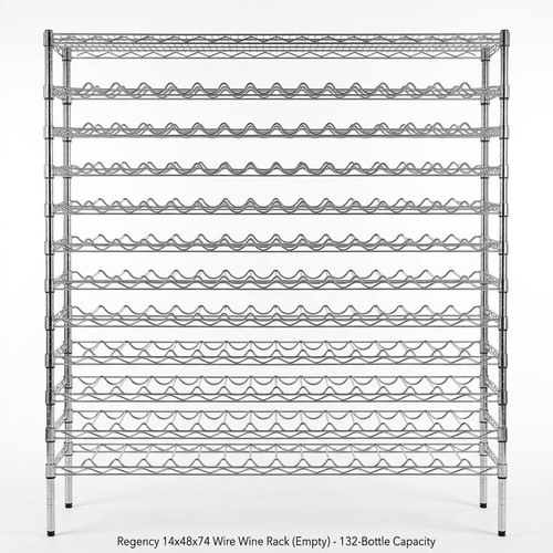 CP Wine Rack 14" x 48" 12 Shelf 132-Bottle Wire with 74" Posts-Chicken Pieces