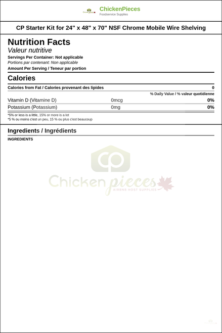 CP Starter Kit for  24" x 48" x 70" NSF Chrome Mobile Wire Shelving — Nutrition and Ingredients Label — www.chickenpieces.com